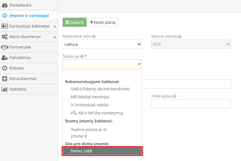 Demo company selection window
